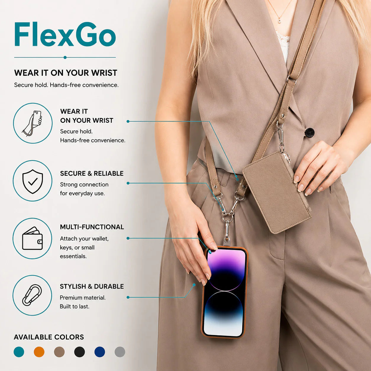 FlexGo PU Leather Phone Strap & Wallet Set – Clip-On Flex
