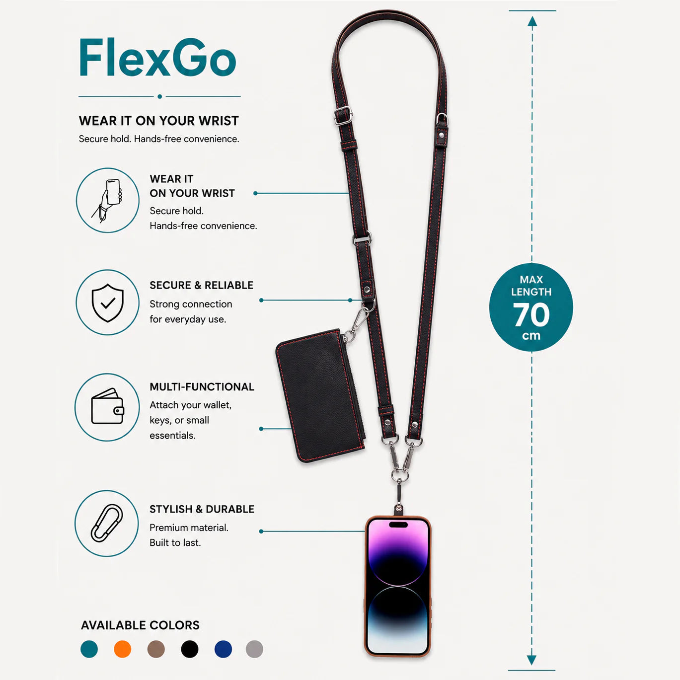 FlexGo PU Leather Phone Strap & Wallet Set – Clip-On Flex